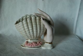 Vintage Ladies Hand Vase Iridescent Porcelain Sea Shell Vase Hand Holding Seashe