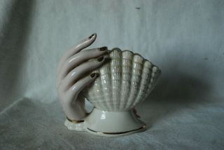 Vintage Ladies Hand Vase Iridescent Porcelain Sea Shell Vase Hand Holding Seashe 3