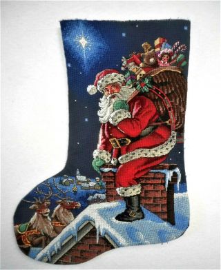 Santa Claus Rooftop Christmas Vtg Finished Completed Cross Stitch Stocking Front