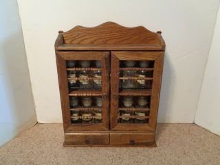 Vintage Wood Spice Cabinet Rack Hinged Door 12 Bottles = Farmhouse Decor Vguc