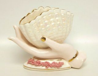 Vintage Ladies Hand Vase Iridescent Porcelain Sea Shell Vase Hand Holding Seashe
