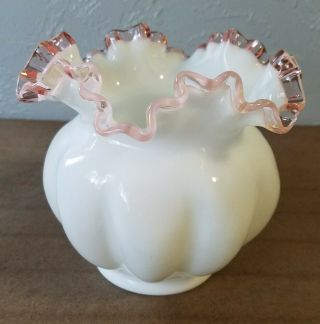 Vintage Fenton Milk Glass Rose Crest Ruffled Double Crimped Vase