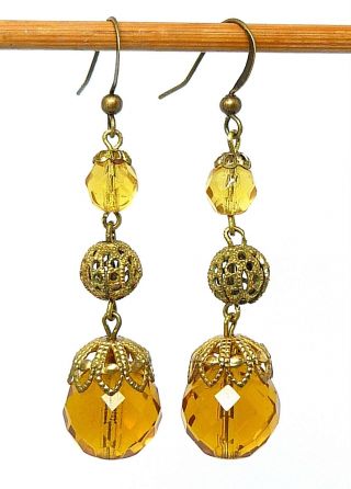 Vintage Sparkly Art Deco Amber Glass Bead Earrings To Match 1930s Necklaces