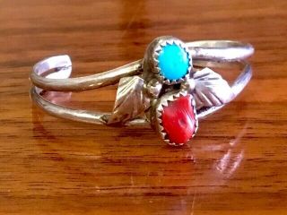 Vintage Navajo 925 Sterling Silver Turquoise Coral Petite 3 1/2 Cuff Bracelet 7g