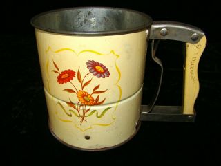 Vintage Androck Hand - I - Sift Tin Flour Sifter 3 Screen Yellow Stamped Handle 