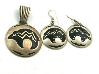 Vintage Native American Sterling Silver Bear Pendant And Earrings Set.  20 Grams