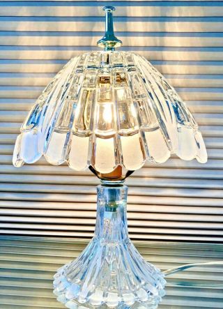 Pretty Vintage Heavy Cut Crystal Boudoir Bedside Table Lamp - Frosted Design Shade