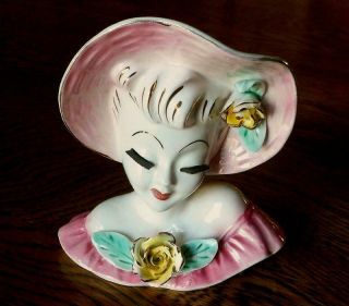 Vintage Napco Lady Head Vase Wall Pocket Pink Dress Hat Yellow Roses Gilt 5 1/2 "