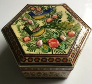 Vintage Persian Khatam Inlaid Hexagonal Wood Jewelry/trinket Box