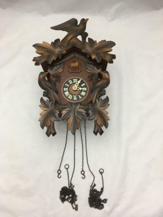 Ornate Vintage Cuckoo Clock Carved Wood Birds & Leaves