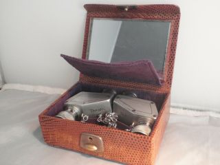 Vintage folding Theatis 3 1/2 X miniature binoculars in carrying case 3