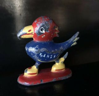 Vtg Old Painted Cast Iron Jayhawk Bird Team Mascot Bird Shaped Paperweight