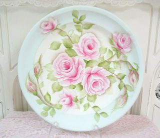 Bydas Aqua Pink Roses Tray Shabby Hp Hand Painted Chic Vintage Cottage Garden