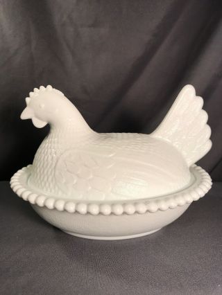 Vintage Indiana White Milk Glass Chicken Hen On Nest Candy Dish Hobnail