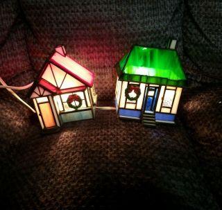 2 Vintage Crystal Village Illuminated Stained Glass Collectables 1994