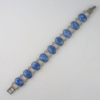 Denim Lapis Panel Bracelet Vintage Signed Sterling Silver 28.  5g | 7.  25 "