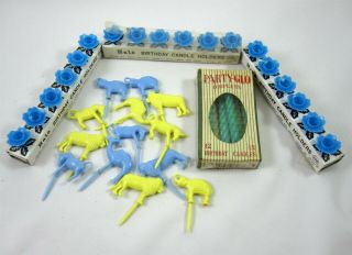 Plastic Animal Cake Picks & Blue Rose Candle Holders & Candles Vintage 1960s