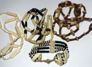 Vintage 4pc Carved Bovine Bone Beaded Necklace Strand & Bracelet