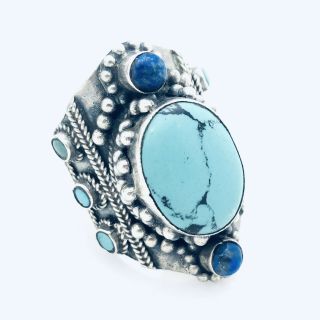 Vintage 925 Sterling Silver Ring With Turquoise And Blue Stones