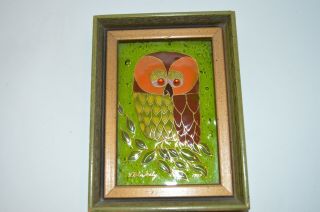 Vintage V.  Blakely Bubble Glass Green Orange And Brown Owl Framed Picture