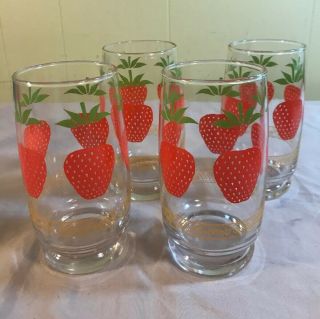 Vintage Libbey Strawberry Glasses Set Of 4 Tumblers Green Tops Gold Pattern