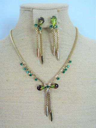 Vintage Color Changing Rhinestone Snake Chain Bow Drop Necklace Earring Set