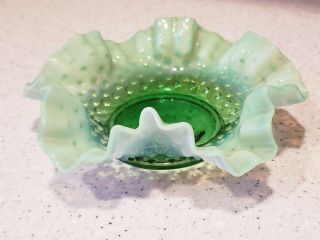 Vintage Fenton Art Glass Green Opalescent Hobnail Ruffled Candy Dish