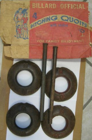 Vintage Set Of Quoits With Stakes Billard Official 3 Pound Quoits
