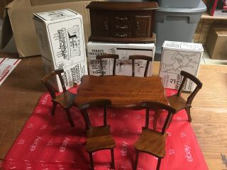 Vtg 1:6 Scale Fashion Doll Furniture 8 Pc.  Wood Dining Table Chairs Credenza Euc
