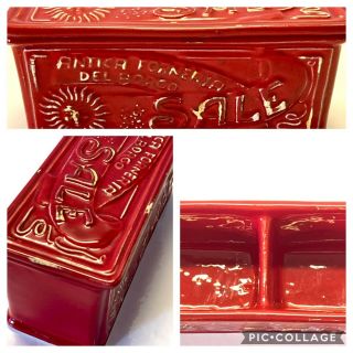 Vintage Sur La Table Ceramic Lidded Salt Box Deep Red Two Compartment 7x3x3 In.