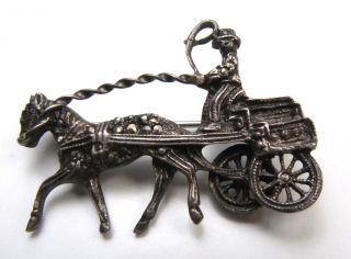 Vintage 900 Silver Marcasite Miniature Horse & Carriage Buggy Brooch Pin Detail