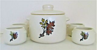 Vintage West Bend Leaf & Acorn Stoneware Bean Pot & Lid,  4 Bowls