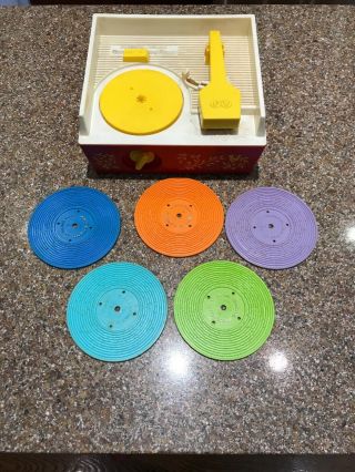 Vintage Fisher Price Record Player 995 Complete W/ 5 Records 1971 Red Euc