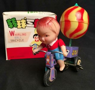 Vintage China Wind Up Tin Whirling Ball Tricycle Ms080 Old Stock Mib