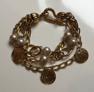 Vintage Couture Nina Ricci Gold Plated Triple Strand Coin Pearl Bracelet,  Signed