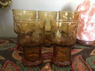 Vintage Libbey Amber Country Garden Daisy Flower Tumblers Drinking Glasses 5 Set