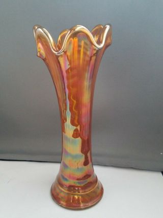 Vintage Orange Colored Iridescent Rippled Effect Carnival Glass Vase