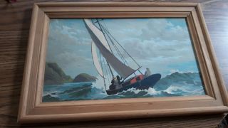 Vintage 1950s Framed Paint By Number Pbn Sailboat 18x12