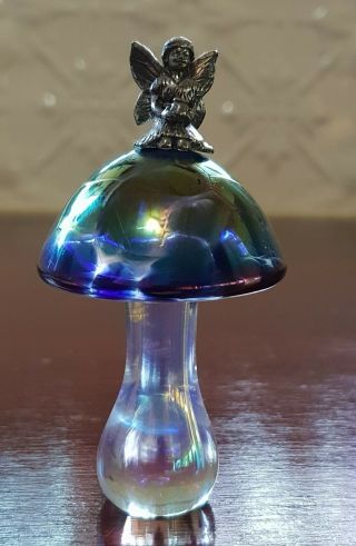 Vintage Heron Glass Iridescent Blue Mushroom & Silver Fairy Glass Paperweight