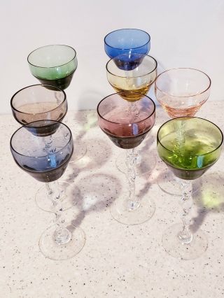 8 Vintage Twisted Stem Wine Cordial Cocktail Glasses Multi Color Harlequin