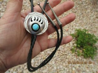 Vintage Navajo Sterling Silver Bear Paw W/turquoise Bolo Tie Old Pawn? Unisex