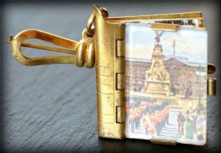 Vintage English Souvenir Photo Book Locket Bow Brooch Gold Tone London Balmoral