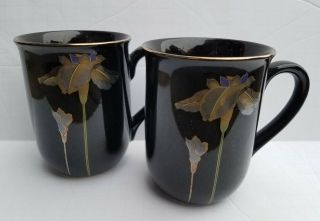 Pair Vintage Otagiri Japan Mug Golden Iris Floral Flower Black Gold Mid Century