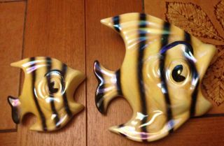 Vintage 2 Maurice California Ceramic Art Pottery Wall Pocket Fish Yellow Black