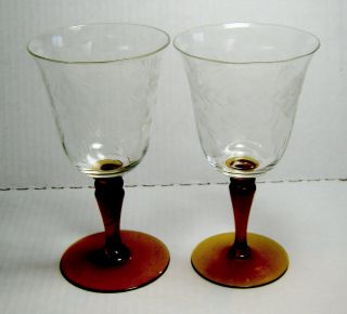 2 Vintage Wine Goblets Etched Flowers Amber Stems Glass 8 Ounces