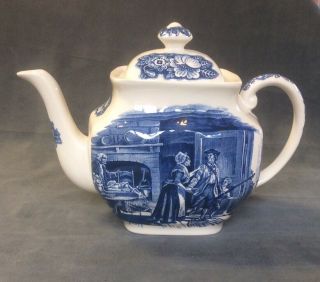 Vintage Liberty Blue Teapot Historic Colonial Scenes Minute Men Made In England