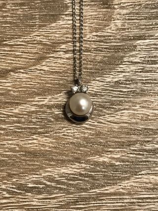 Vintage 14kt White Gold Necklace With Diamond And Pearl Pendant 2