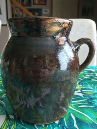 Brown Drip Glaze Stoneware Pottery Jug Pitcher W Handle 7  Vtg