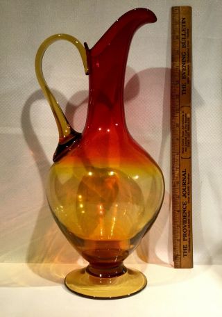 Huge Vintage Retro 16 1/2” Ruby To Amber Hand Blown Glass Ewer