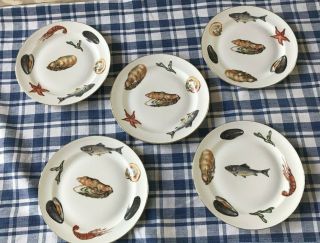 5 Vintage Fish Side Plates Made In France By Veritable Porcelaine.  Vgc